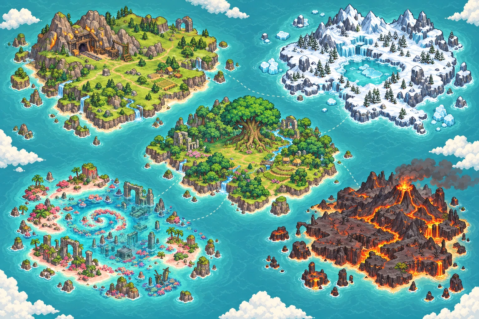 The World Hub map: Classic mountains, Aurora snowfields, Flora forests, Maelstrom reefs and Inferno volcanoes